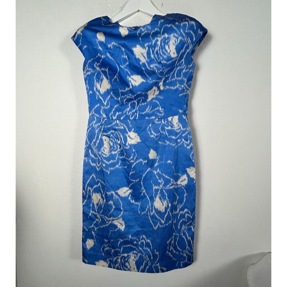 Shanghai Tang Women Blue White Floral Cap Sleeve Silk-Cotton Sheath Dress Size 8